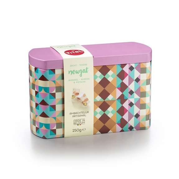 Blikken doos 250g zachte nougat - roze deksel