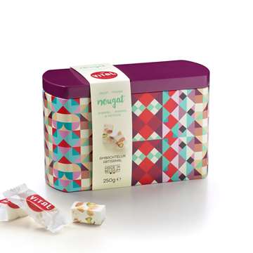 Blikken doos 250g zachte nougat - paars deksel