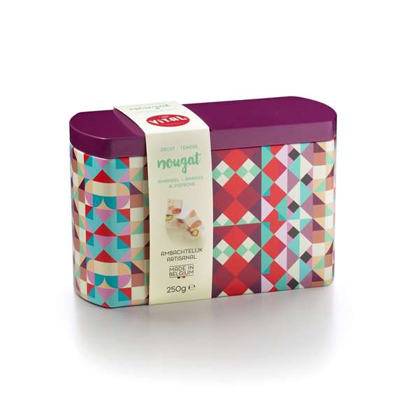 Blikken doos 250g zachte nougat - paars deksel
